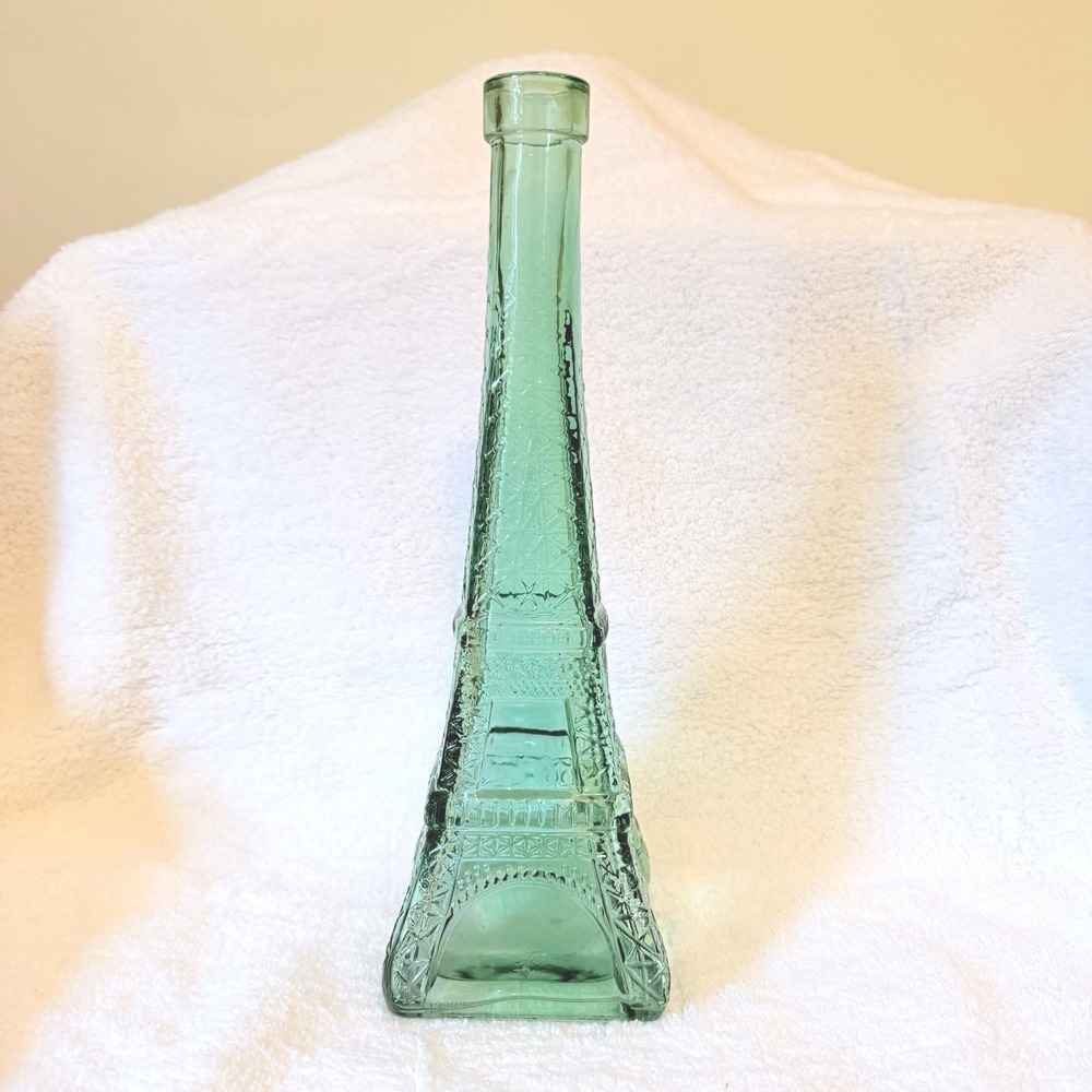 VINTAGE GREEN GLASS EIFFEL TOWER DECANTER / Candle Holder 11" Paris France